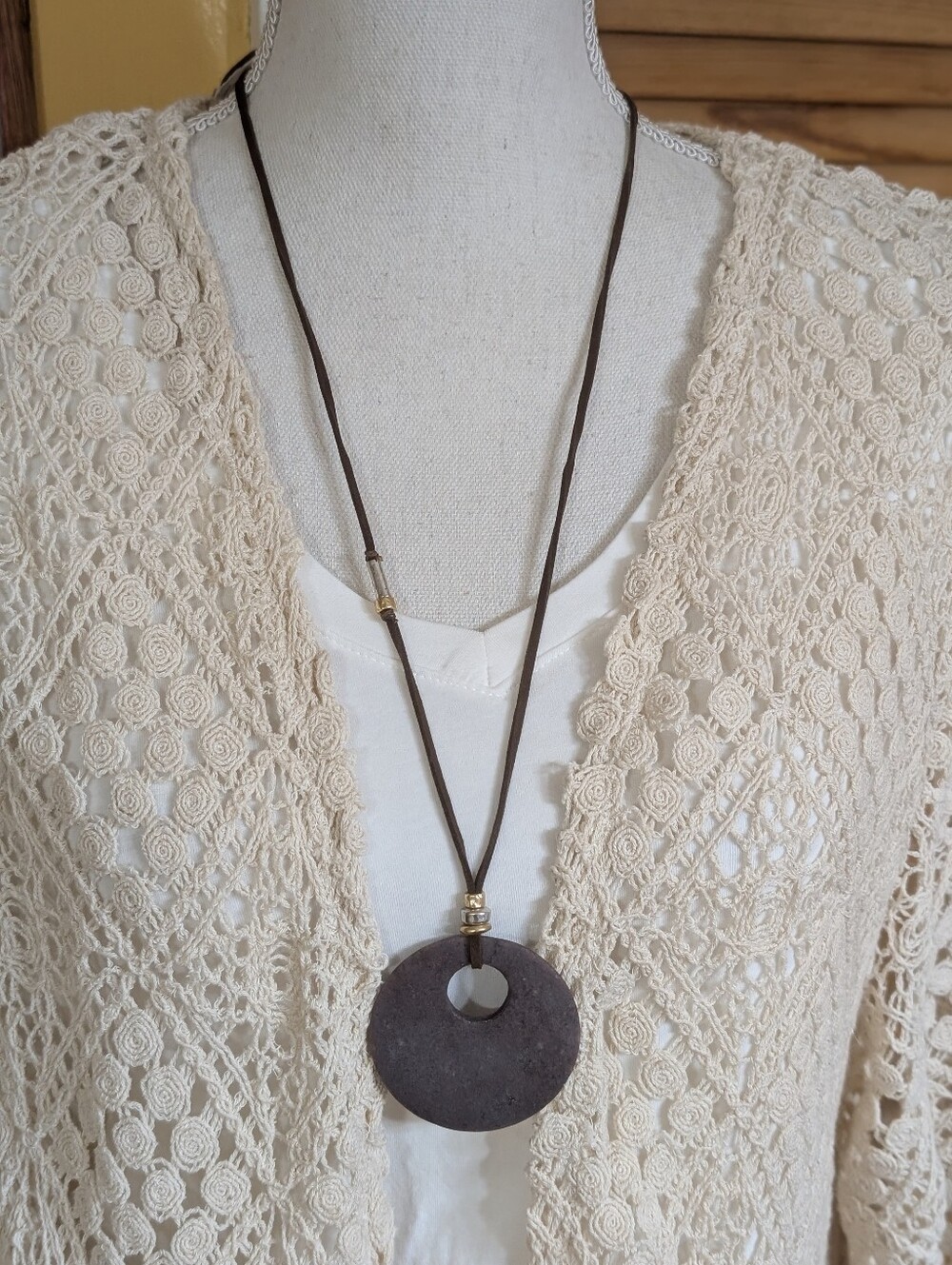 J. Jill Brown Rustic Stone Disc Pendant Necklace - Adjustable Cord NWT $39